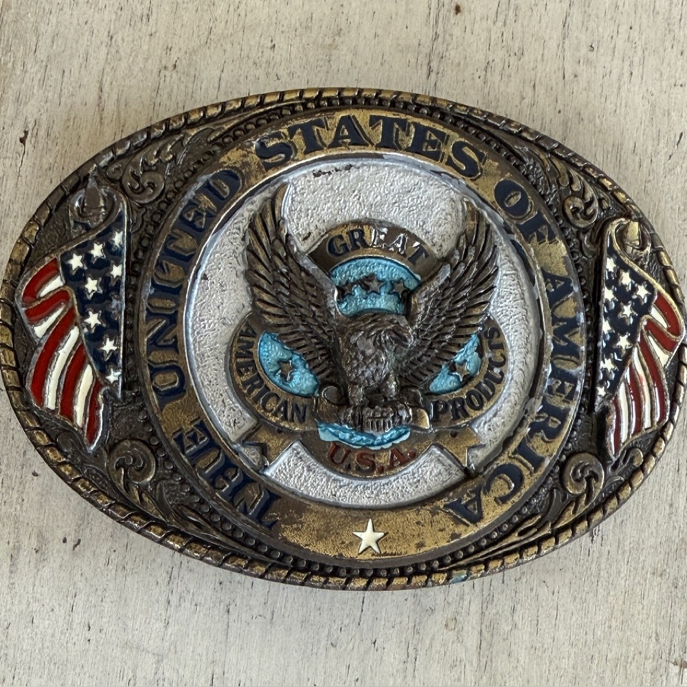 Vintage Belt Buckle 80s Eagle and Flags Accent